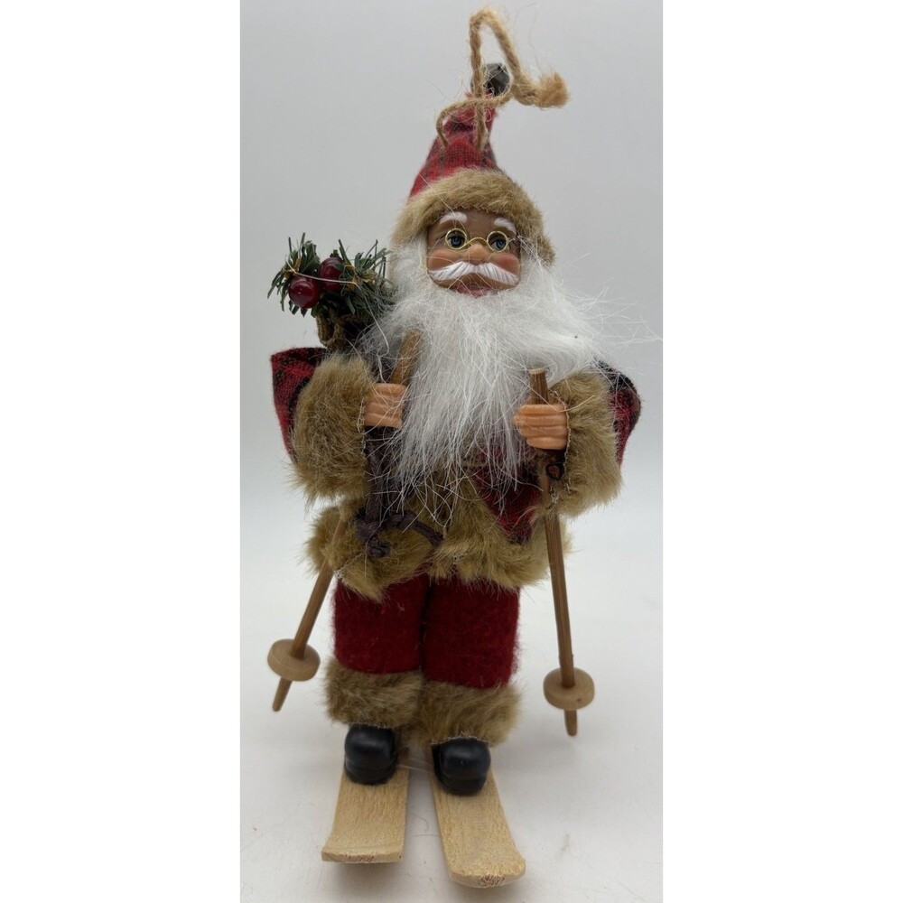 Rustic Skiing Santa Ornament Lodge Cabin Style Faux Fur Plaid Skis